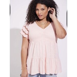 Torrid Slub V-Neck Smocked Bodice Eyelet Sleeve Babydoll Top Pink Sz 3